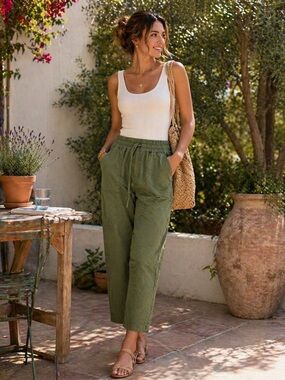 Everlane Olive Drawstring Cropped Cotton Linen-Blend Pants Size Small
